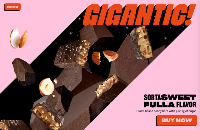 chunks of candy bar, chocolate, and almonds floating in space beneath the word GIGANTIC!