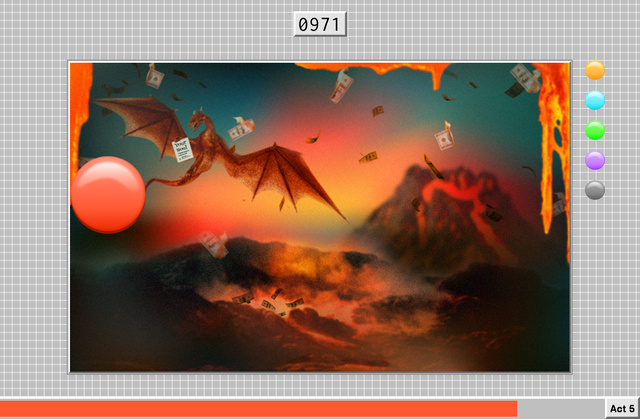 an image of a dragon, burning paper money, a volcano, lava, and a red button that moves around the screen.