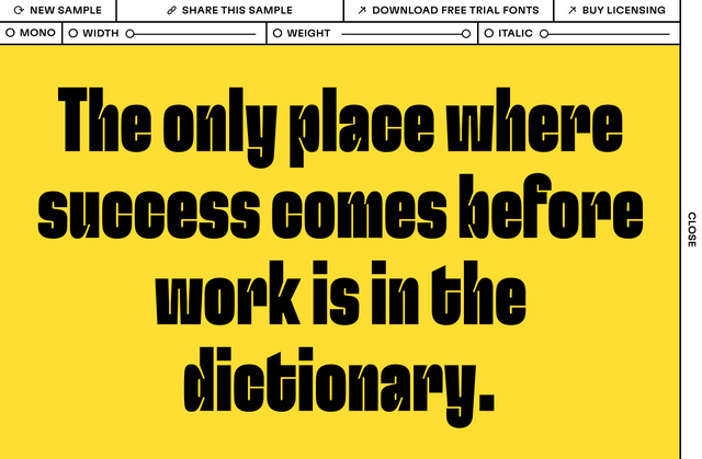 typographic specimen configuration screen with a sample that reads "The only place where success comes before work is in the dictionary."