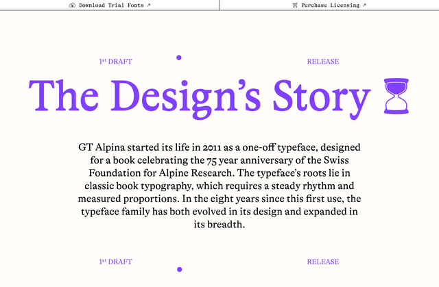 a white website with a purple serif typeface that reads 'The Design's Story'