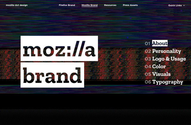 A colorful, glitchy background with a band of white with excluded text that reads mozilla brand. A menu of navigation options below and to the right of the text.