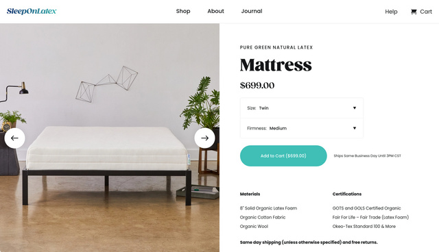 online store page for a natural latex mattress